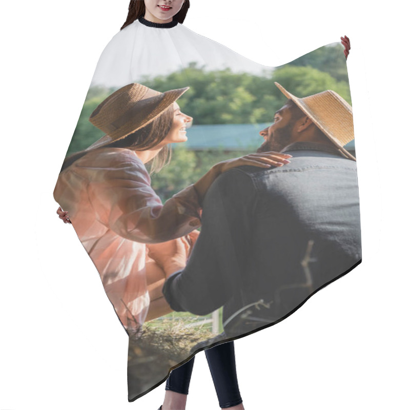 Personality  Joyful Woman In Straw Hat Touching Shoulder Of Husband Near Blurred Hey In Barn Hair Cutting Cape