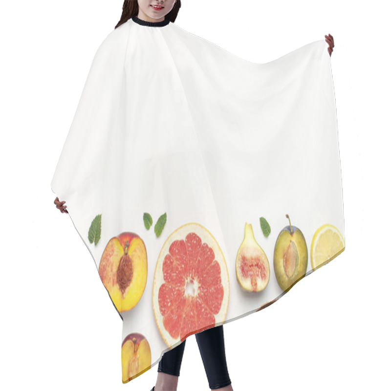 Personality  Tropical Summer Fruit Concept. Creative Layout Made Of Fresh Ripe Watermelon, Peach, Plum, Fig, Lemon, Grapefruit And Mint Leaves On White Background. Flat Lay, Top View, Copy Space. Food Background Hair Cutting Cape