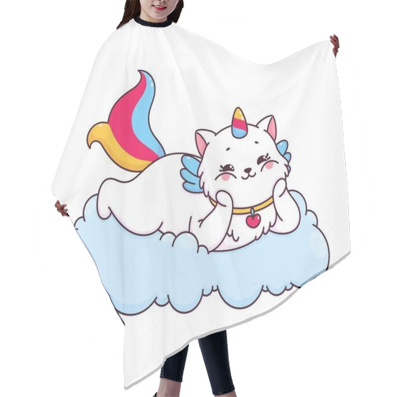 Personality  Cartoon Cute Caticorn Cat And Kitten Character. Caticorn Kitten Childish Isolated Vector Mascot. Unicorn Cat Comical Character Or Fantasy Animal Happy Personage Lying And Dreaming On Cloud Hair Cutting Cape