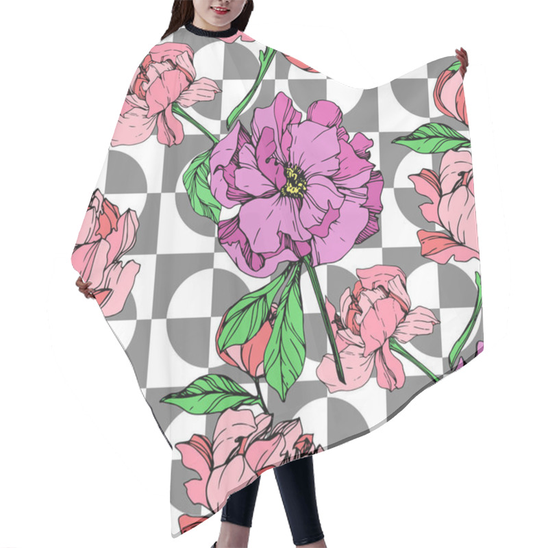 Personality  Vector Pink And Purple Peonies Illustration On Geometric Background. Engraved Ink Art. Seamless Background Pattern. Fabric Wallpaper Print Texture. Hair Cutting Cape