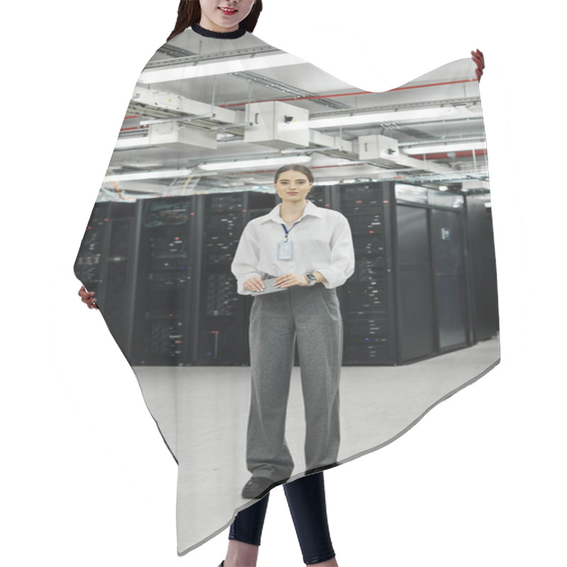 Personality  A Woman In A White Shirt Works Hard In A Busy Server Room, Keeping Systems Running Smoothly. Hair Cutting Cape