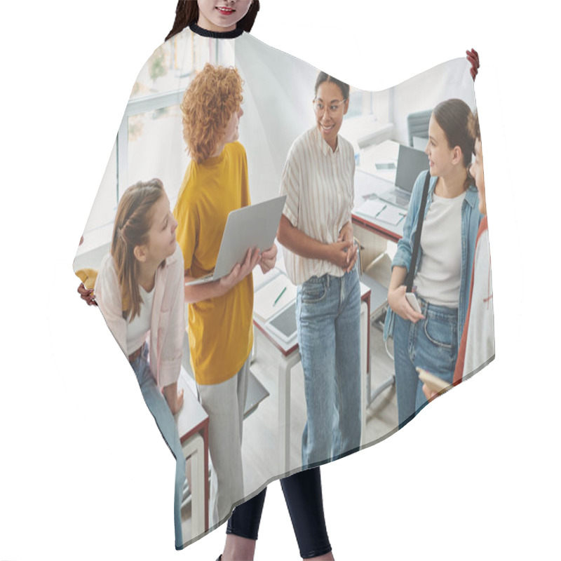 Personality  Happy African American Teacher Talking To Teen Students In Classroom, Schoolkids With Devices Hair Cutting Cape