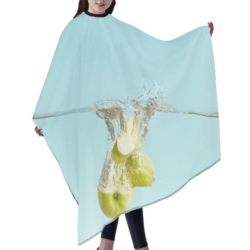 Personality  Cut Green Apple In Water With Bubbles On Blue Background Hair Cutting Cape