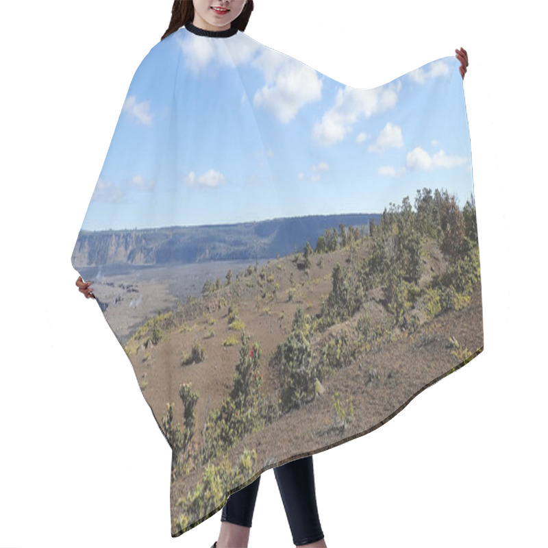 Personality  A Striking View Of Kilauea Crater Under A Vast Blue Sky With Dramatic Clouds. The Rugged Volcanic Terrain Contrasts With The Lush Vegetation, Reclaiming The Landscape. Hair Cutting Cape