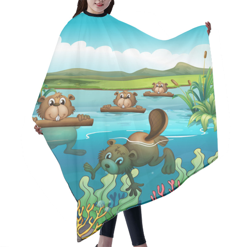 Personality  Four Beavers Playing In The River Hair Cutting Cape