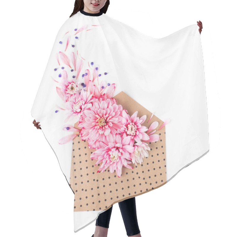 Personality  Beautiful Floral Arrangements. Pink Chrysanthemums With Envelope On White Background. Flat Lay, Top View. Hair Cutting Cape