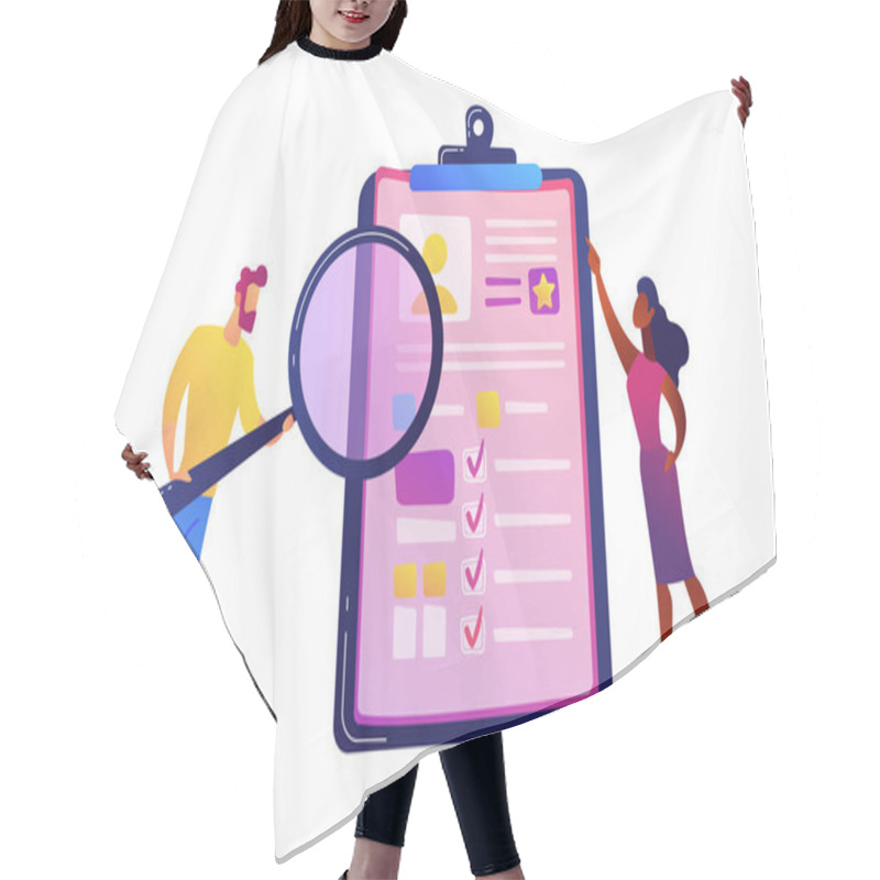 Personality  HR Manager Looking Through A Magnifying Glass On Job Candidate CV Vector Illustration. Hair Cutting Cape