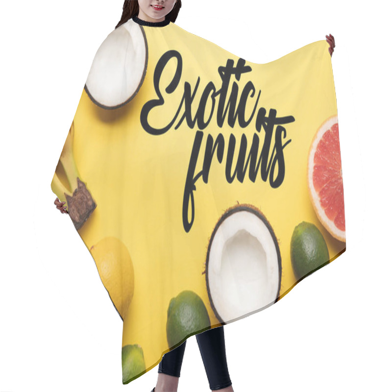 Personality  Top View Of Citrus Fruits, Bananas And Coconuts On Yellow Background With Exotic Fruits Illustration Hair Cutting Cape