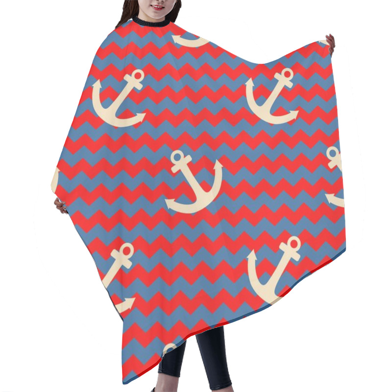 Personality  Tile Sailor Vector Pattern With Anchor On Red And Blue Zig Zag Stripes Background Hair Cutting Cape