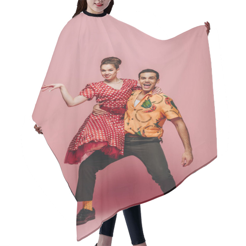 Personality  Stylish Dancer Holding Woman While Dancing Boogie-woogie On Pink Background Hair Cutting Cape