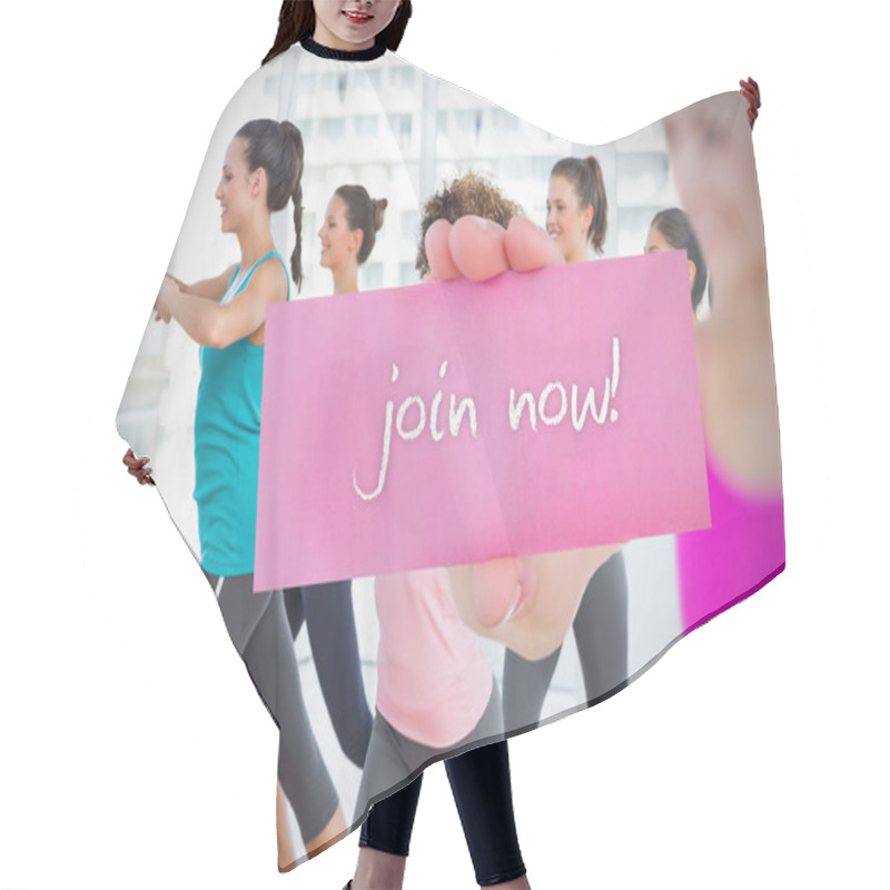 Personality  Woman Holding Pink Card Saying Join Now! Hair Cutting Cape