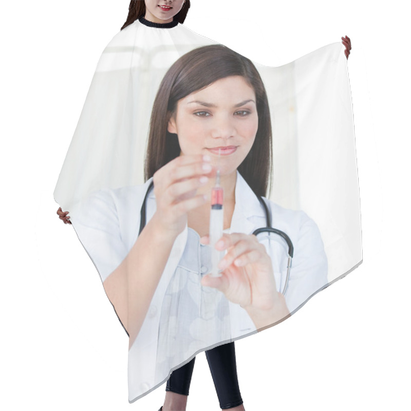 Personality  Portrait Of A Cute Female Doctor Preparing A Syringe Hair Cutting Cape