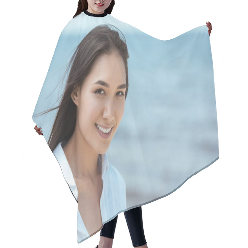 Personality  Close Up Portrait Of Attractive Smiling Asian Woman By Sea  Hair Cutting Cape