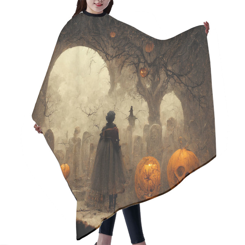 Personality  Halloween Background. Spooky Forest Pumpkin In Graveyard. Hair Cutting Cape