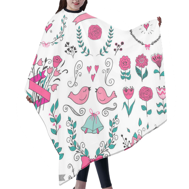 Personality  Romantic Graphic Set, Arrows, Hearts, Birds, Bells, Rings, Laurel, Wreaths, Ribbons And Bows. Hair Cutting Cape