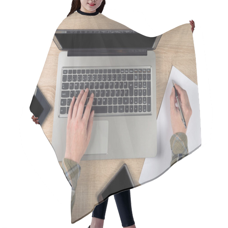 Personality  Programmer Writing Notes On Paper Hair Cutting Cape