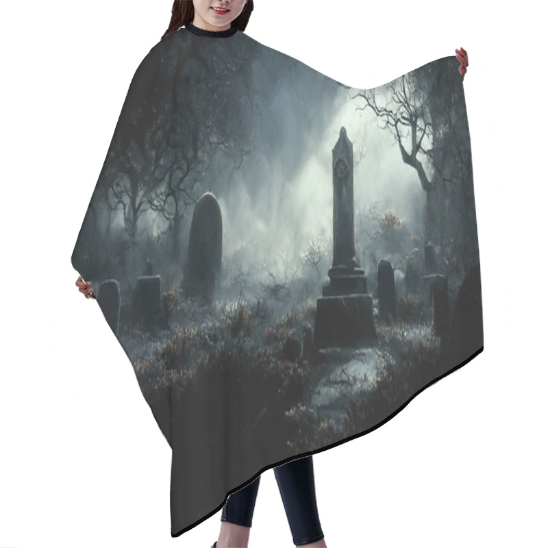 Personality  3D Illustration Of A Halloween Concept Dark Background Of A Castle And Graveyard. Horror Background In Foggy Weather. Happy Halloween Hair Cutting Cape