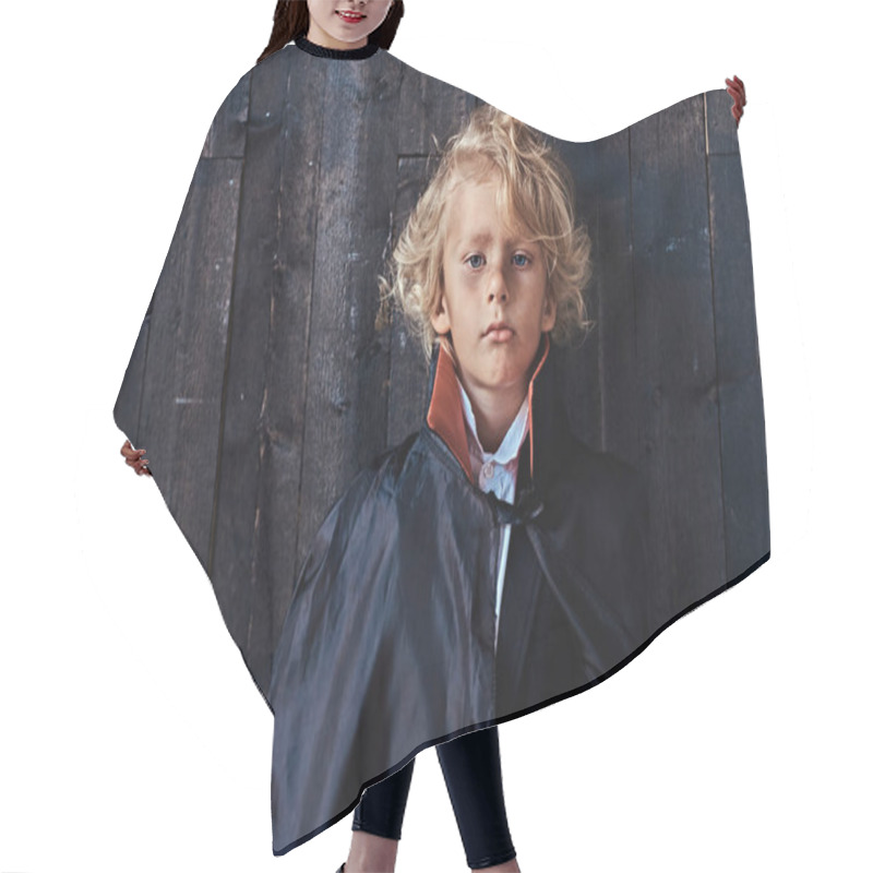 Personality  Handsome Little Boy In Dracula Costume Standing Against Old Wooden Wall. Hair Cutting Cape