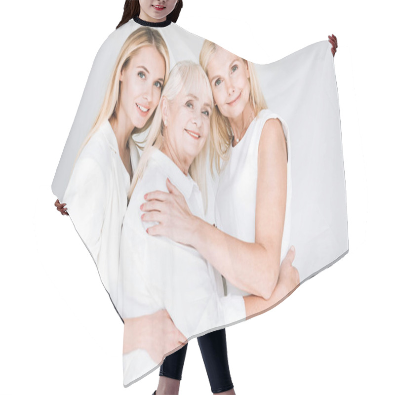 Personality  Three Generation Blonde Women Embracing Isolated On Grey Hair Cutting Cape