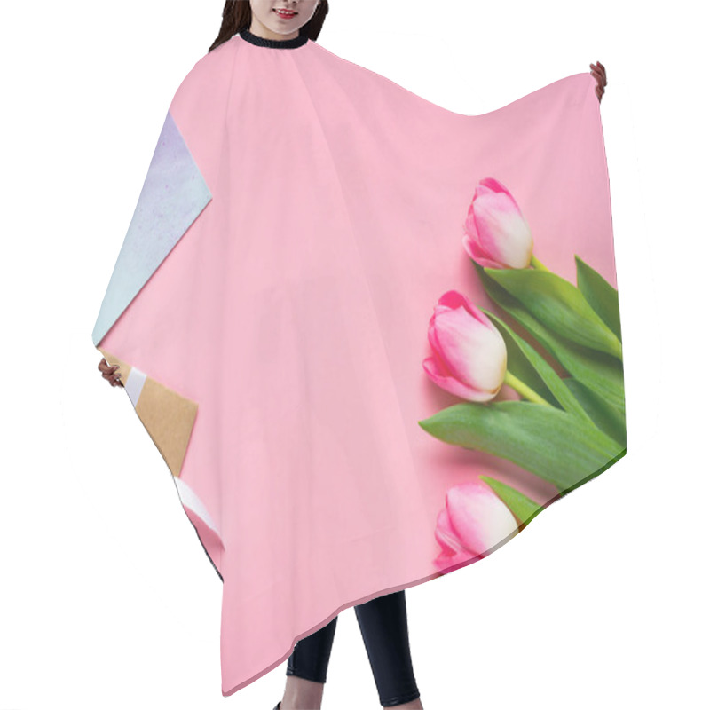 Personality  Top View Of Envelope, Greeting Card And Tulips On Pink Background Hair Cutting Cape