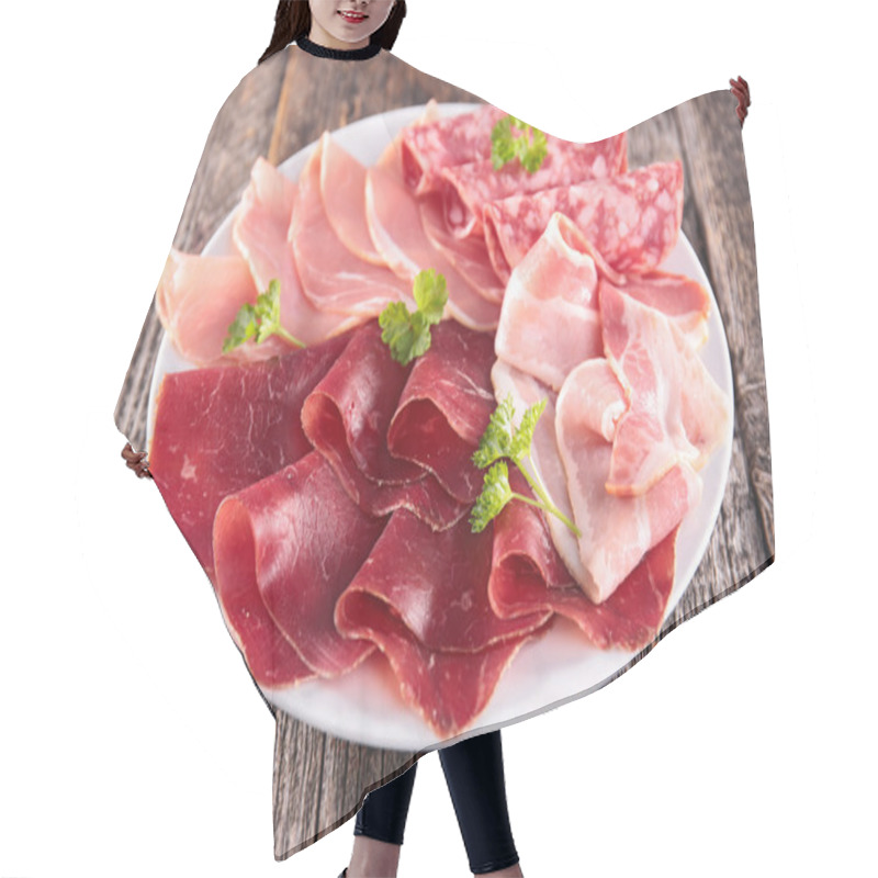 Personality  Plate Of Meat Assortment On Wood Hair Cutting Cape