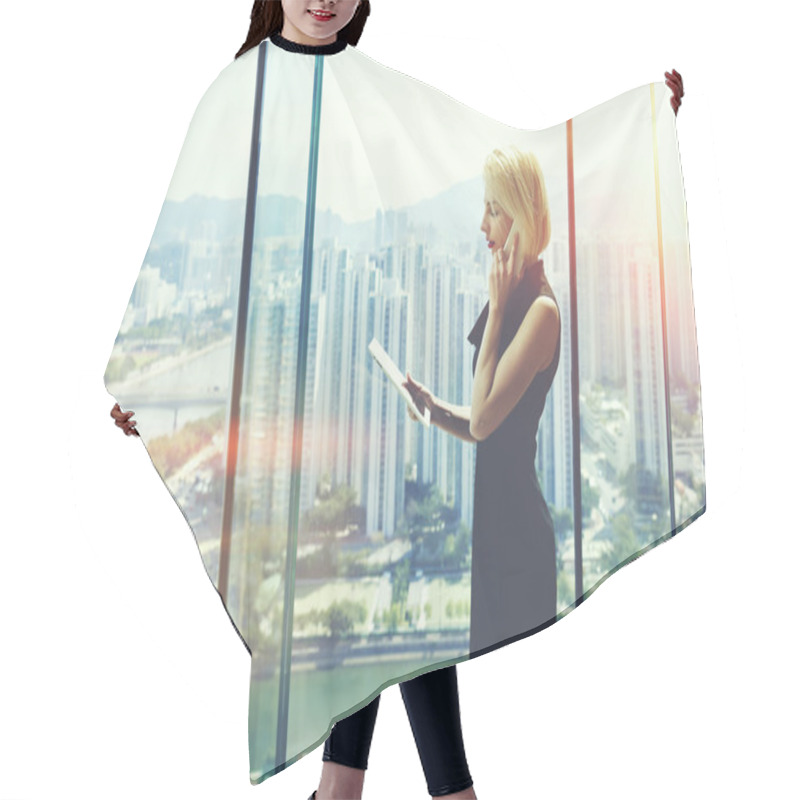 Personality  Female Boss Talking On Cell Telephone  Hair Cutting Cape