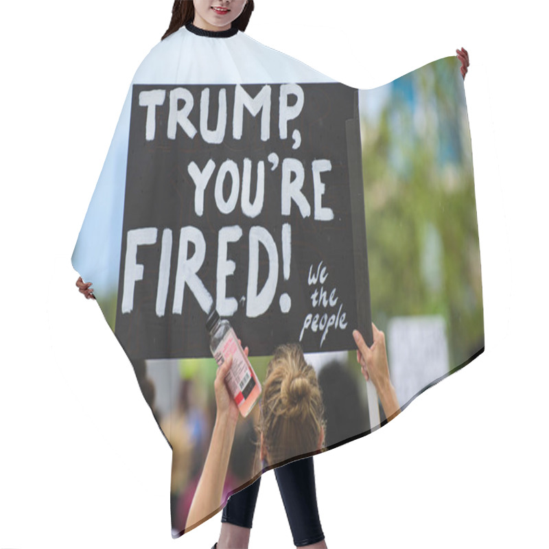 Personality  Orlando, FL, USA - JUNE 19, 2020: Trump, You Are Fired Poster. Demonstration In The USA. Voters And Politics. US President Donald Trump Impeachment. Elections, Election Campaign. Vote 2020 Hair Cutting Cape