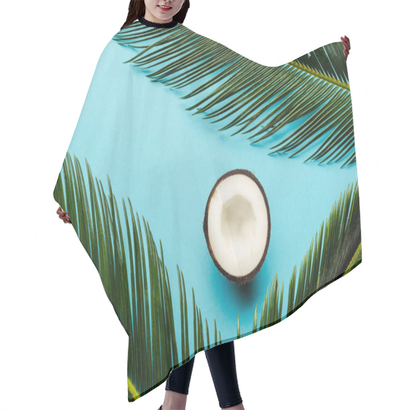 Personality  Top View Of Green Palm Leaves And Coconut Half On Blue Background Hair Cutting Cape