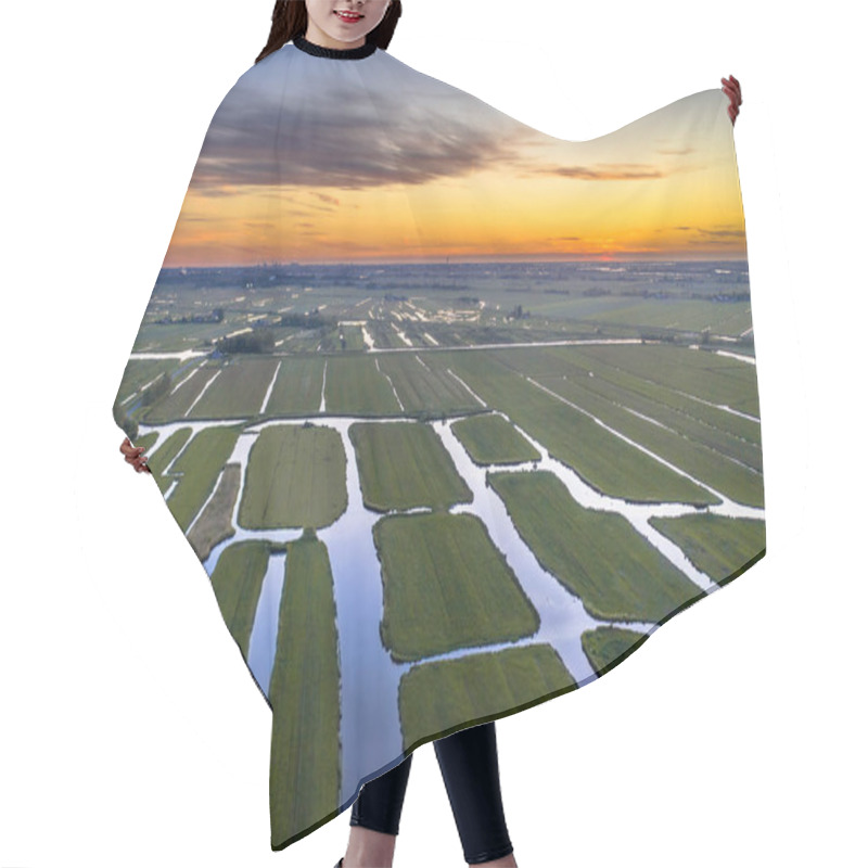 Personality  Aerial View Of Sunset Over Historic Dutch Waterland Landscape In May At Purmerland Near Den Ilp And Purmerend, Netherlands Hair Cutting Cape