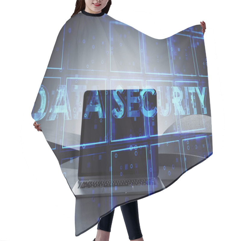 Personality  Close Up Of Laptop Computer With Creative Blue Cubes Data Security Text Hologram On Blurry Background. Technology, Secure And Information Protection Concept. Double Exposure Hair Cutting Cape