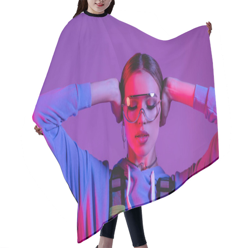 Personality  Young Stylish Woman In Sunglasses And Closed Eyes Isolated On Purple  Hair Cutting Cape