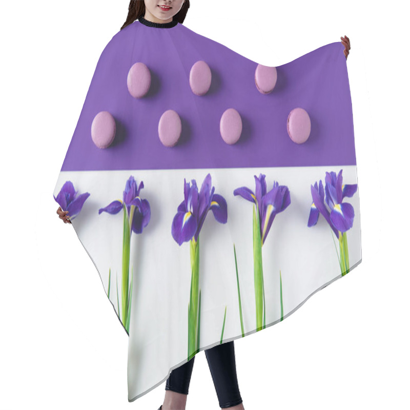 Personality  Flat Lay Composition Of Iris Flowers With Delicious Macaron Cookies On Purple And White Surface Hair Cutting Cape