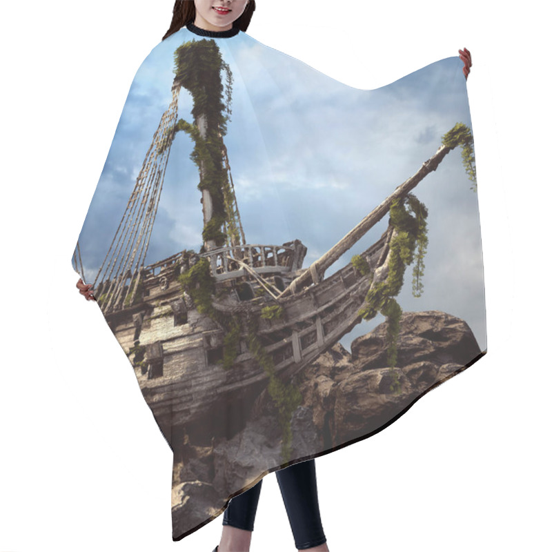 Personality  CGI Wrecked Pirate Ship, Beached Sailing Ship, Ancient Ocean Wreck Hair Cutting Cape