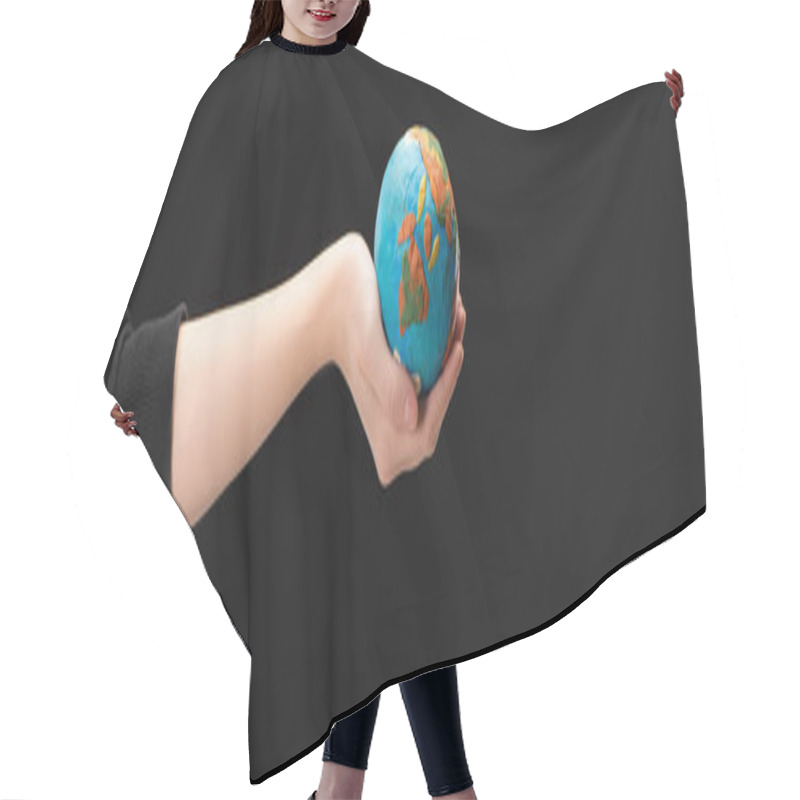 Personality  Panoramic View Of Woman With Outstretched Hand Holding Plasticine Globe Isolated On Black, Global Warming Concept Hair Cutting Cape