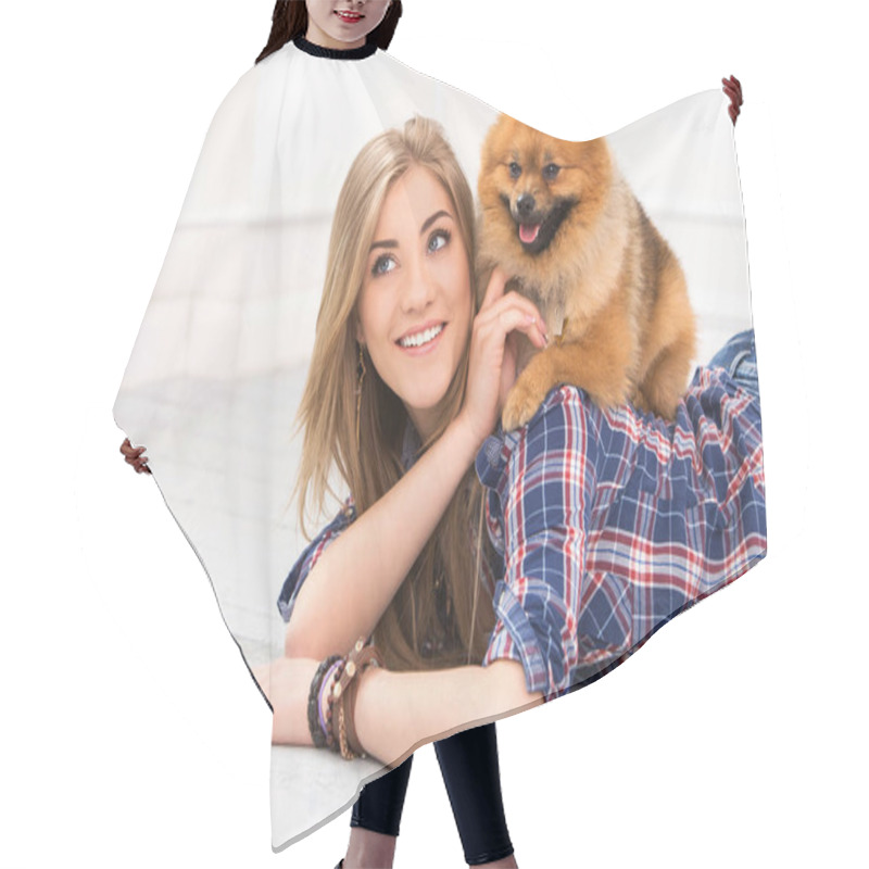 Personality  Cute, Attractive Girl With Fluffy Dog Hair Cutting Cape