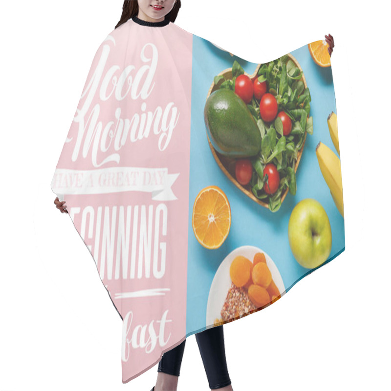 Personality  Top View Of Diet Food On Blue And Pink Background With With Good Morning, Have A Great Day Beginning With Breakfast Lettering Hair Cutting Cape