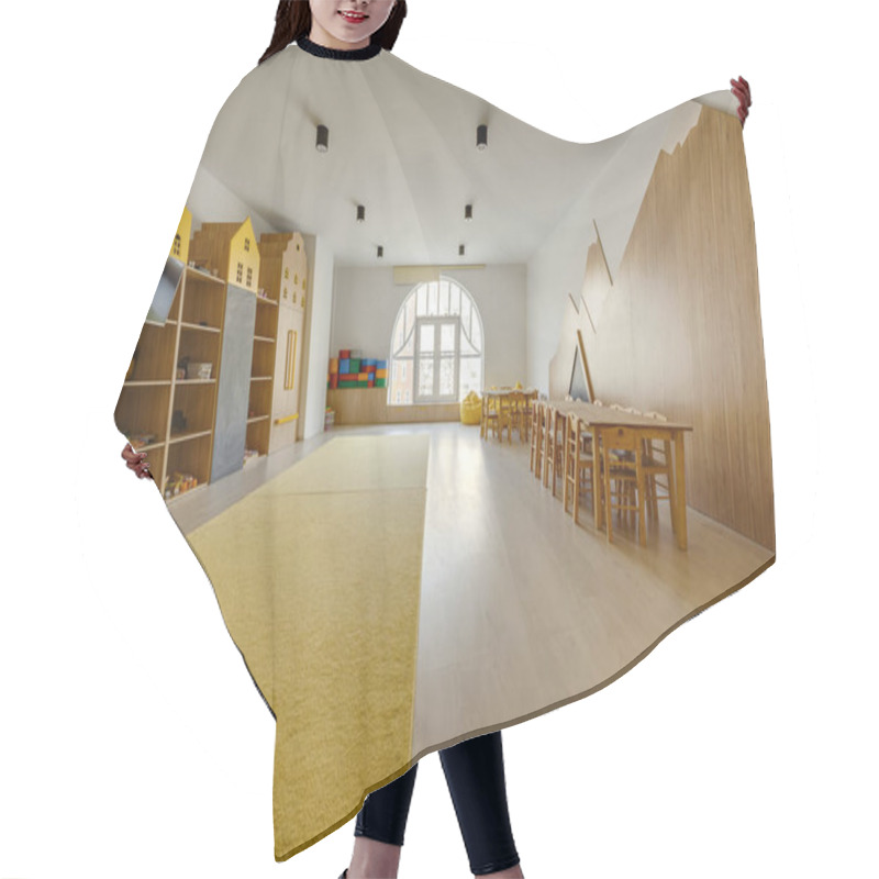 Personality  Cozy Kindergarten Classroom Interior With Yellow Carpet, Tables And Tv Hair Cutting Cape