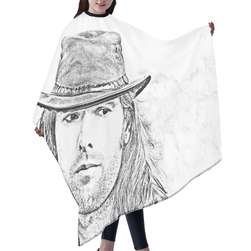 Personality  Close-up Portrait Of Guy With Long Hair In Cowboy Hat. Safari Style. Romance.  Black And White Image. Fashion Illustration. Hair Cutting Cape