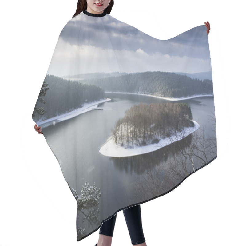 Personality  Heavy Clouds Winter Top View Landscape Lake With Island During Snow Weather Hair Cutting Cape