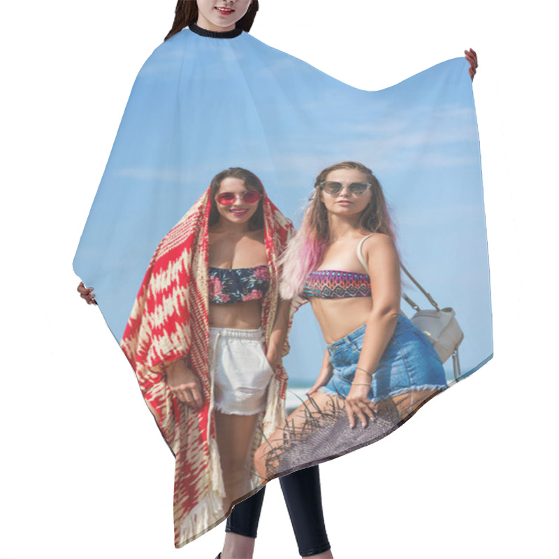 Personality  Happy Young Women In Bikini And Sunglasses On Beach Hair Cutting Cape