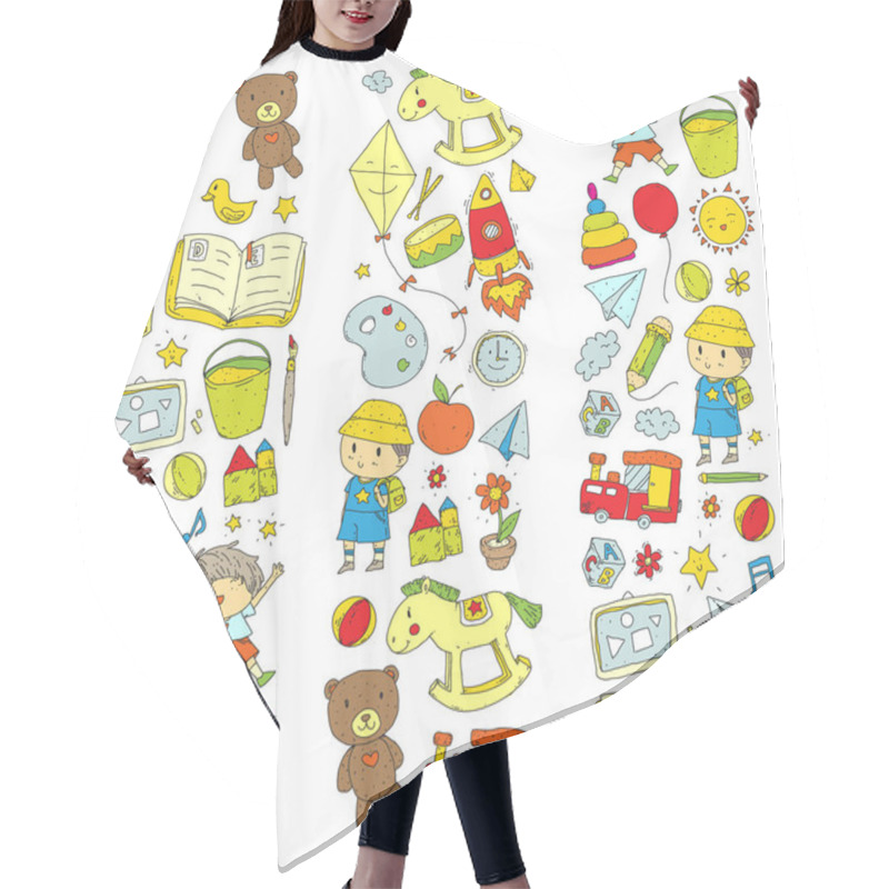 Personality  Kindergarten Nursery Preschool School Education With Children Doodle Pattern Kids Play And Study Boys And Girls Kids Drawing Icons Space, Adventure, Exploration, Imagination Concept Hair Cutting Cape