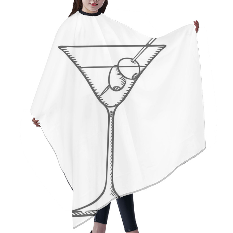 Personality  Vector Sketch Illustration - Cocktail Glass With Martini And Olives Hair Cutting Cape