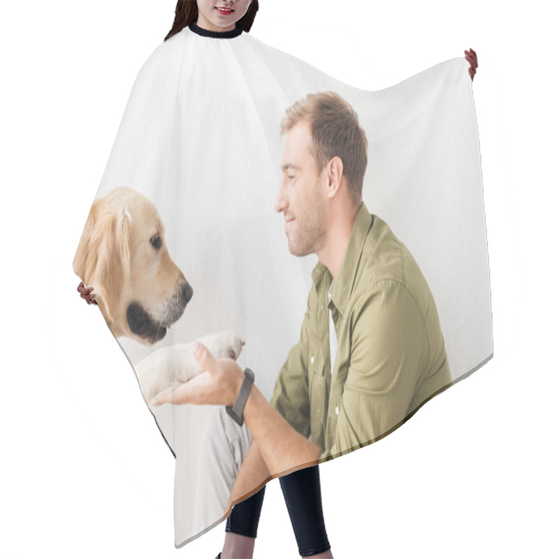 Personality  Golden Retriever Dog Giving Paw To Happy Man Against White Wall Hair Cutting Cape