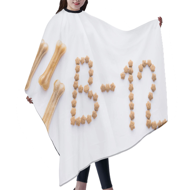 Personality  Top View Of Word Made Of Dry Pet Food Near Bone Shaped Treats On White Hair Cutting Cape