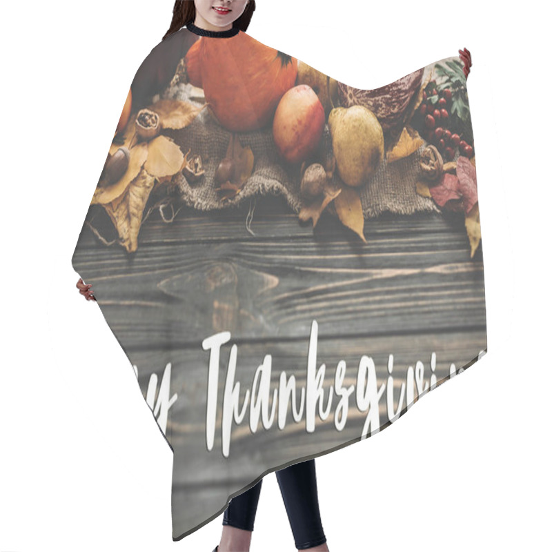 Personality  Happy Thanksgiving Text On Beautiful Composition Of Pumpkin, Autumn Vegetables With Colorful Leaves,acorns,nuts, Berries On Wooden Rustic Table. Seasons Greeting Card Hair Cutting Cape