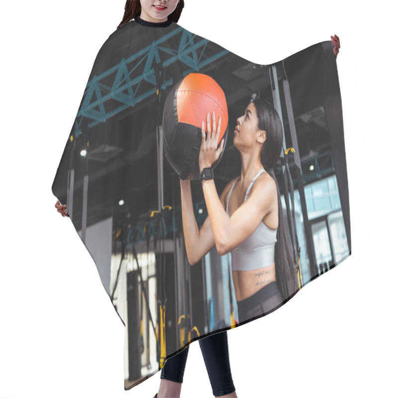 Personality  Attractive Sportive Girl Training With Medicine Ball In Fitness Gym Hair Cutting Cape