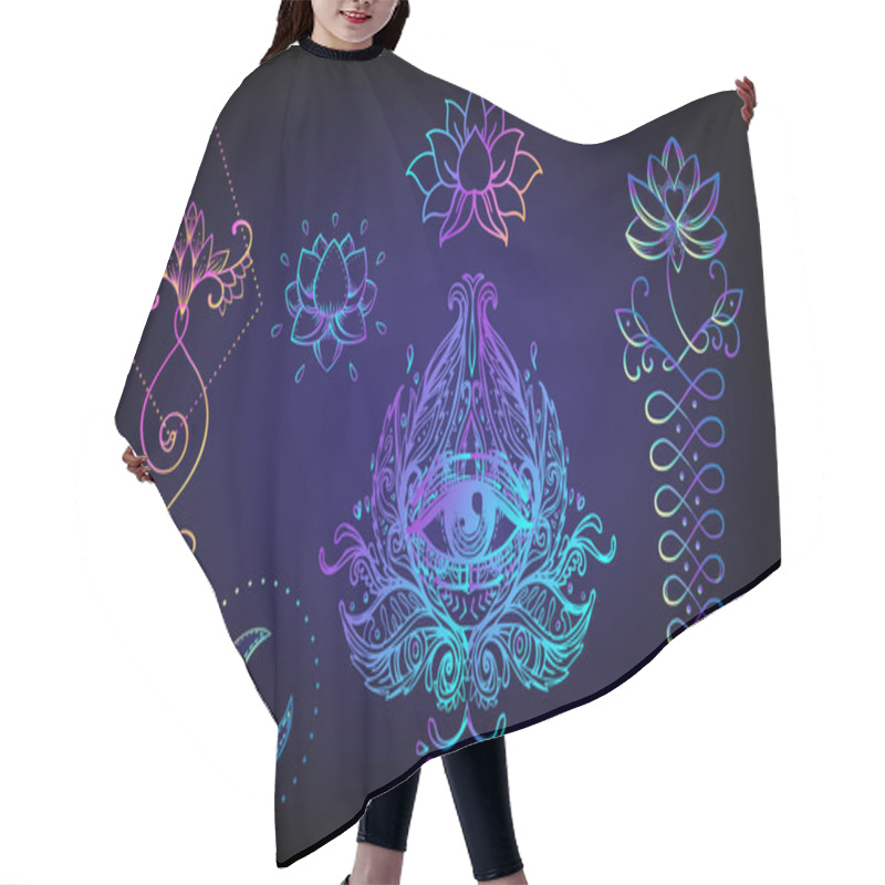 Personality  Sacred Geometry And Boo Symbol Set. Ayurveda Sign Of Harmony And Balance. Tattoo Design, Yoga. Poster, T-shirt Textile. Colorful Gradient Over Black. Astrology, Esoteric, Religion. Hair Cutting Cape