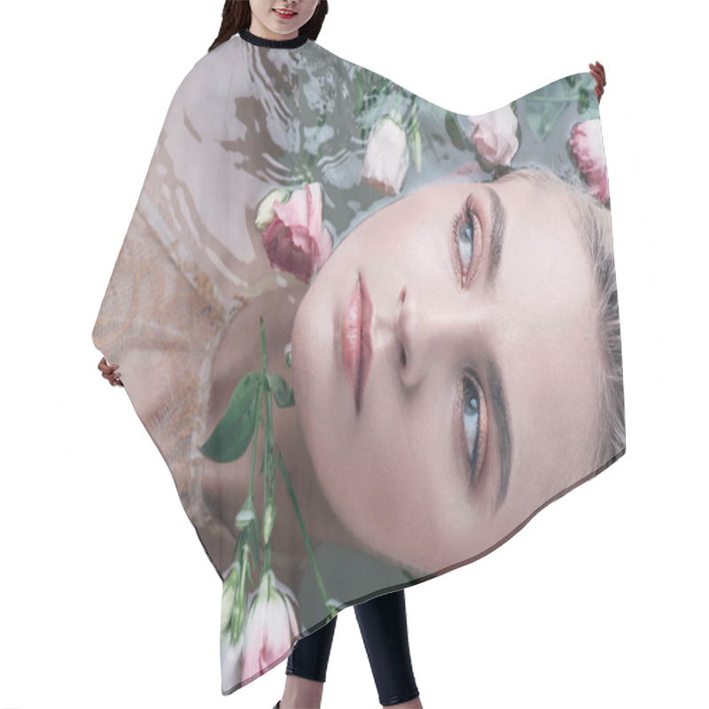 Personality  Top View Of Beautiful Woman Lying In Clear Water Among Flowers And Looking Away Hair Cutting Cape