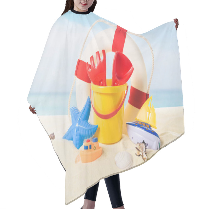 Personality  Life Ring And Beach Toys In Sand On Blue Sky Background Hair Cutting Cape