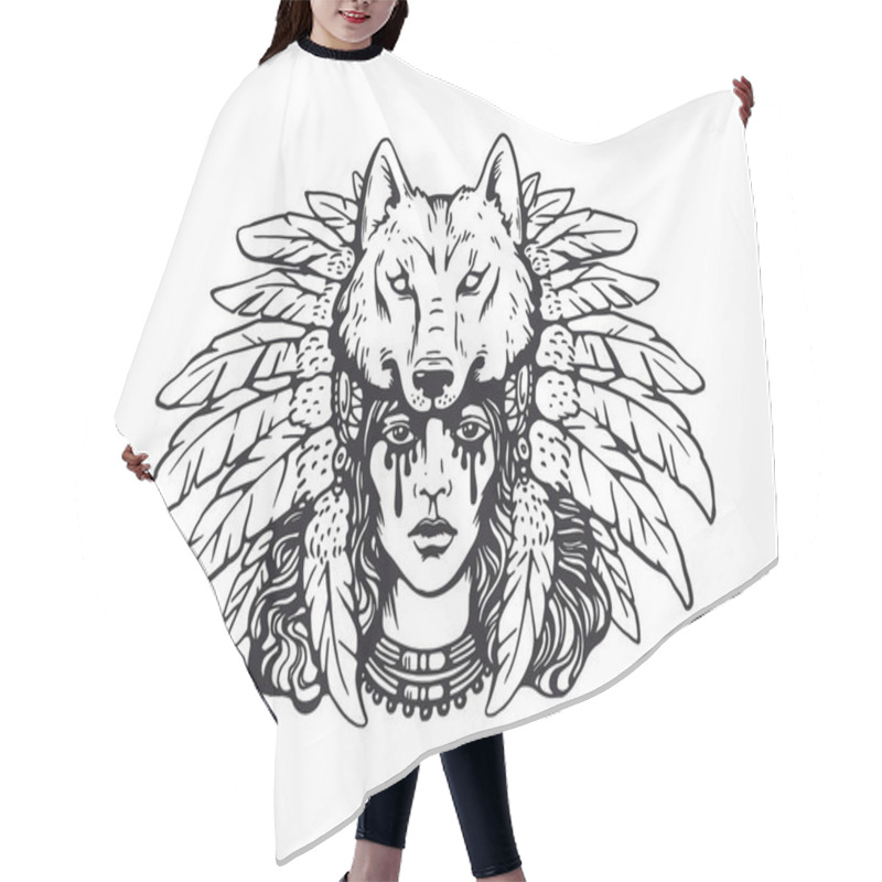 Personality  Pretty Cowgirl In Headdress Decorated Wolf Head And Feathers, Black Tears And Ethnic Decorations. American Gothic Engraved Design. Wild West Style. Vintage Western Grunge Vector Illustration Ink Style Hair Cutting Cape